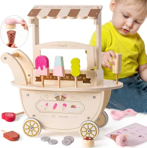 ROBOTIME Wooden Ice Cream Cart Play Set for Kids Toddlers, Pretend Play Kitchen Food Toy Gift for Ages 3 