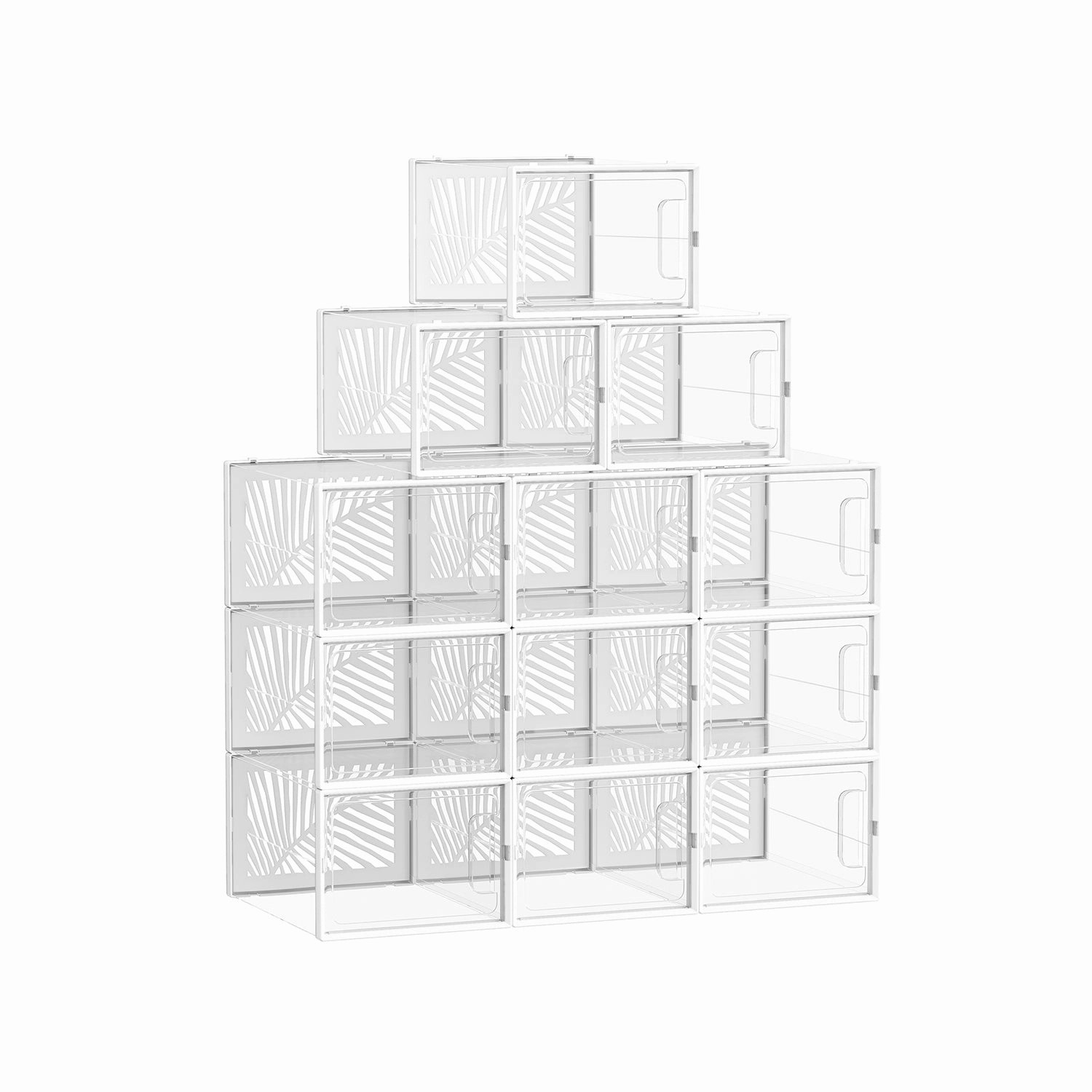 Rootz 12 Pack Shoe Box Organizer - Transparent White - Foldable & Stackable - PET Body - HIPS Frame - 35cm x 25.5cm x 19cm