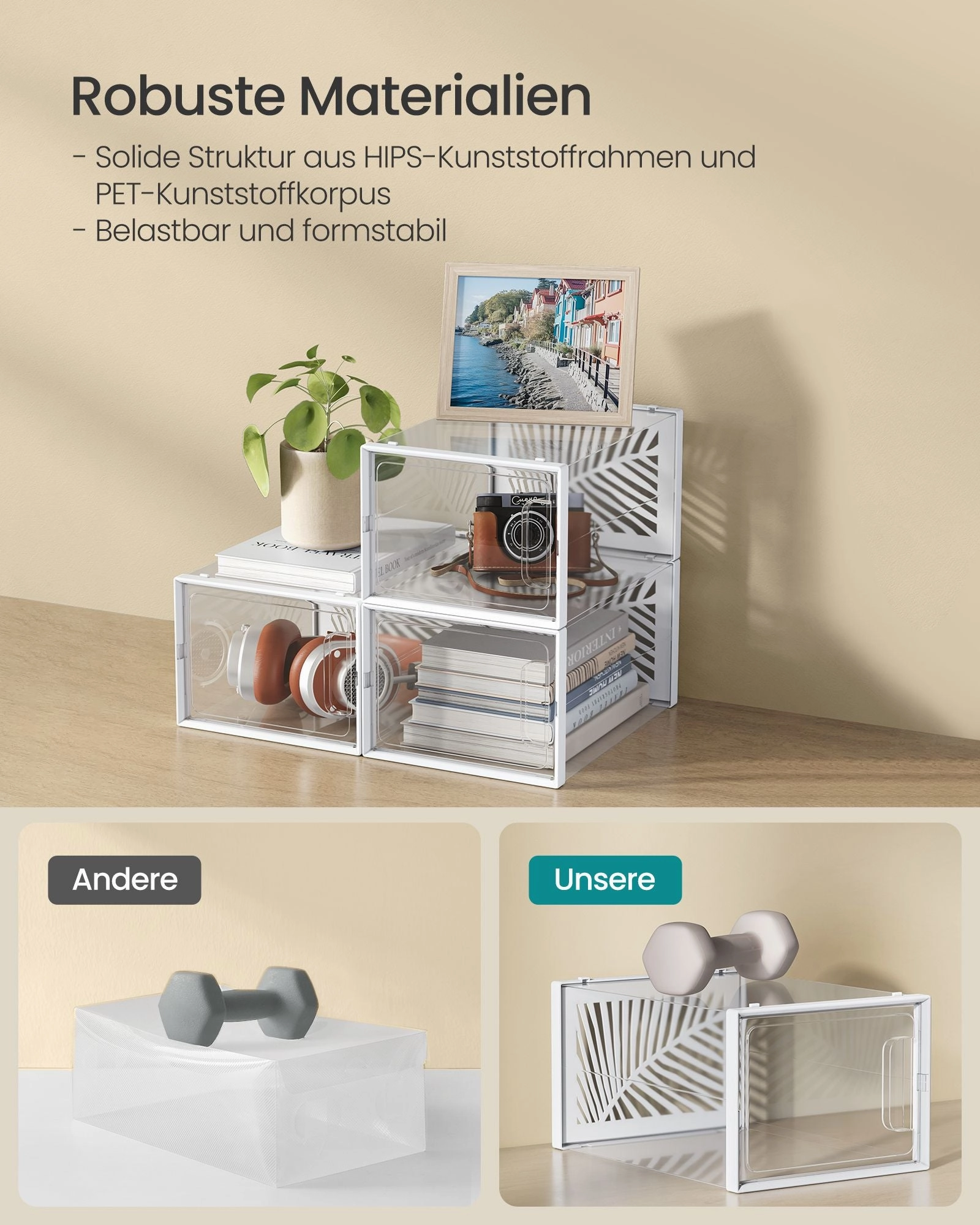 Rootz 12 Pack Shoe Box Organizer - Transparent White - Foldable & Stackable - PET Body - HIPS Frame - 35cm x 25.5cm x 19cm