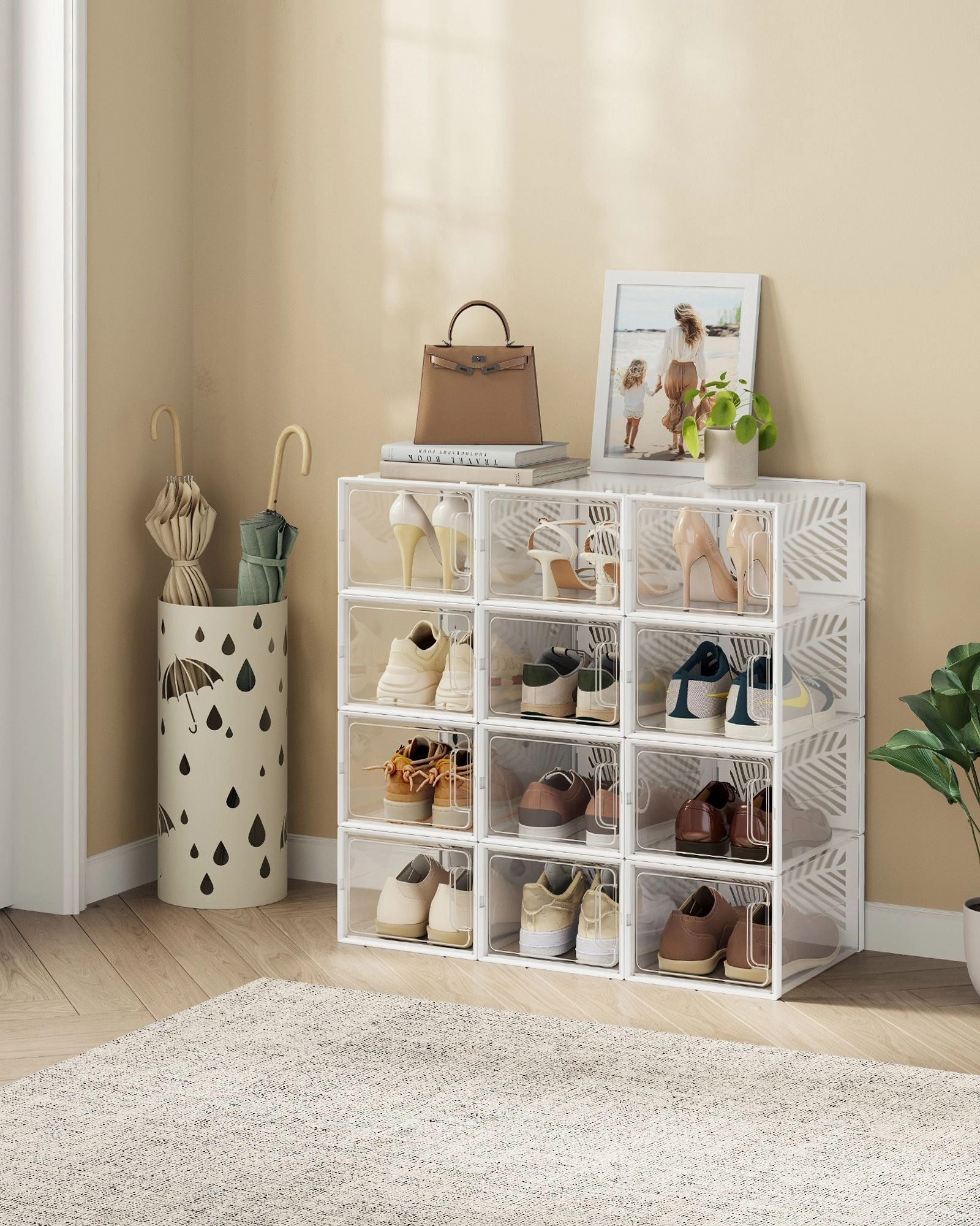Rootz 12 Pack Shoe Box Organizer - Transparent White - Foldable & Stackable - PET Body - HIPS Frame - 35cm x 25.5cm x 19cm