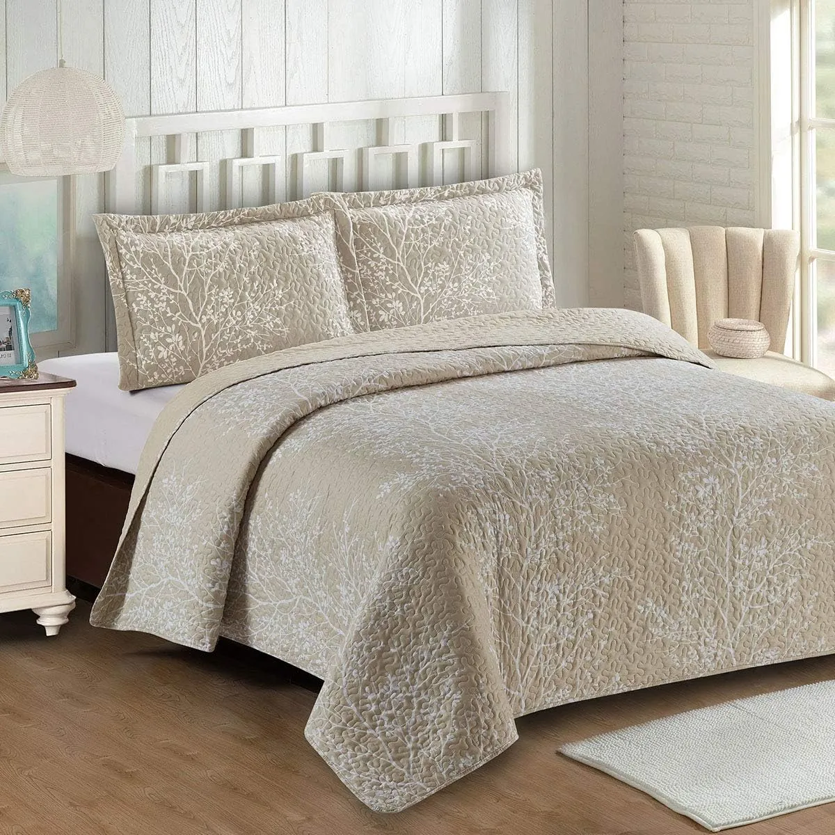 Royal Tradition Odette-Beige Reversible Coverlets, California King Over-Sized 3pc Quilt Set (110-Inch Wide x 96-Inch Long) Lightweight Bedspread