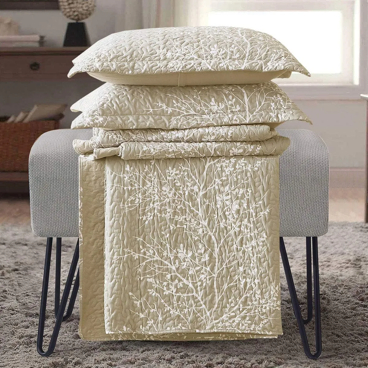 Royal Tradition Odette-Beige Reversible Coverlets, California King Over-Sized 3pc Quilt Set (110-Inch Wide x 96-Inch Long) Lightweight Bedspread