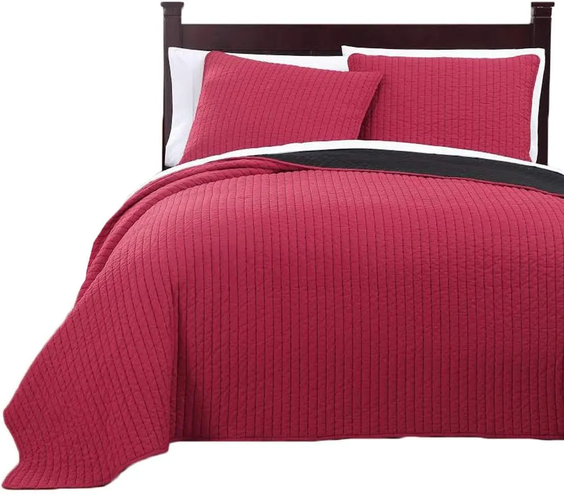 Royal Tradition Project Runway Microfiber Queen Size 3PC Reversible Coverlet Set, Red with Black