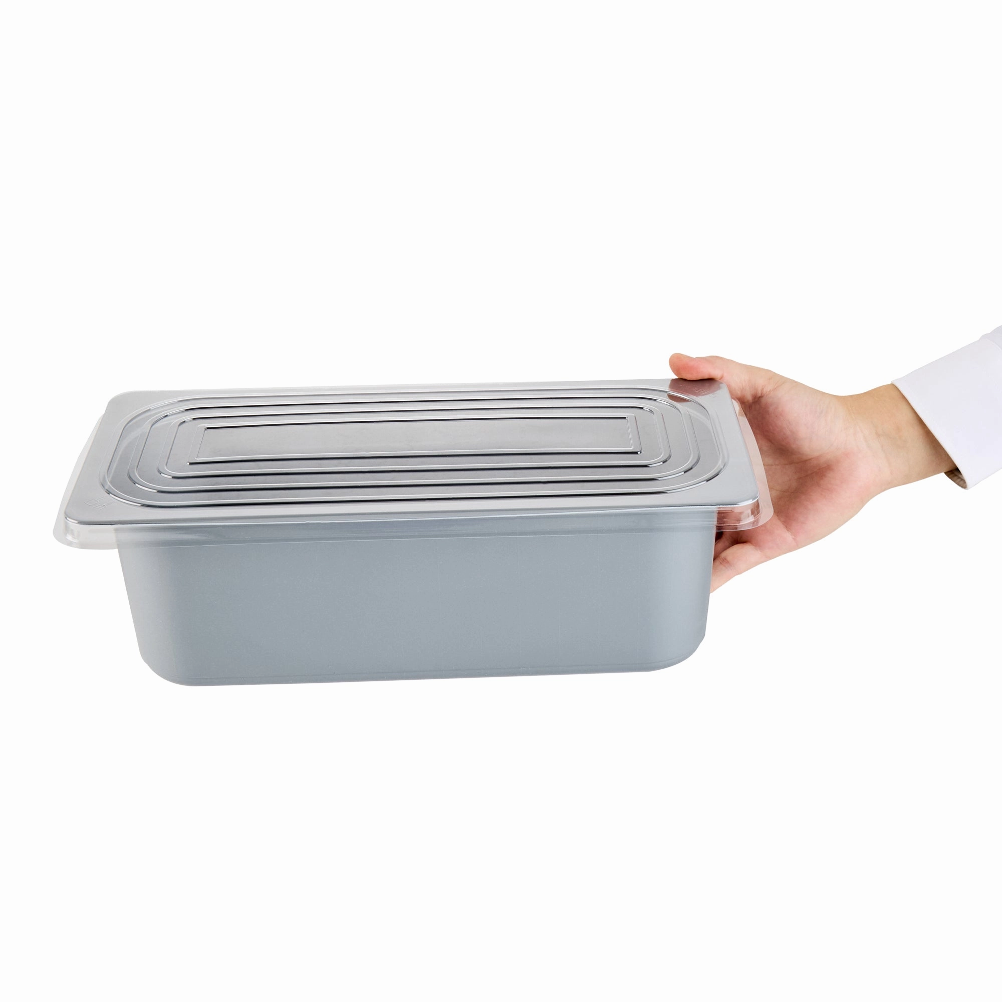 RW Base 5 Qt Rectangle Gray Plastic Ice Cream Container - with Clear Lid - 13 1/2" x 6 1/2" x 4 3/4" - 25 count box