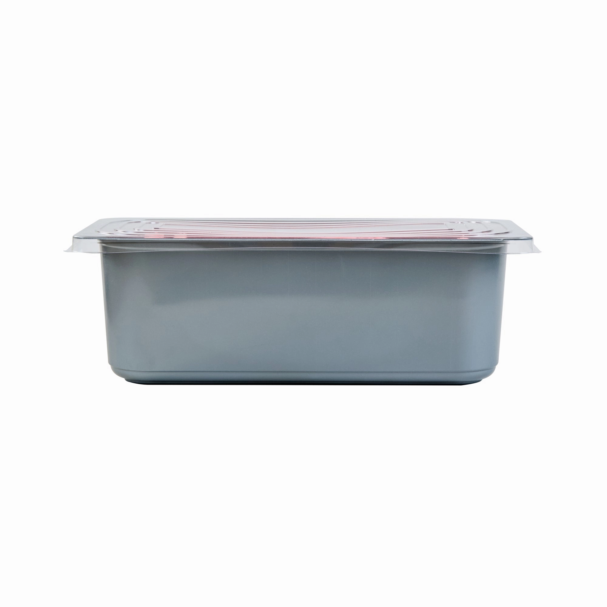 RW Base 5 Qt Rectangle Gray Plastic Ice Cream Container - with Clear Lid - 13 1/2" x 6 1/2" x 4 3/4" - 25 count box