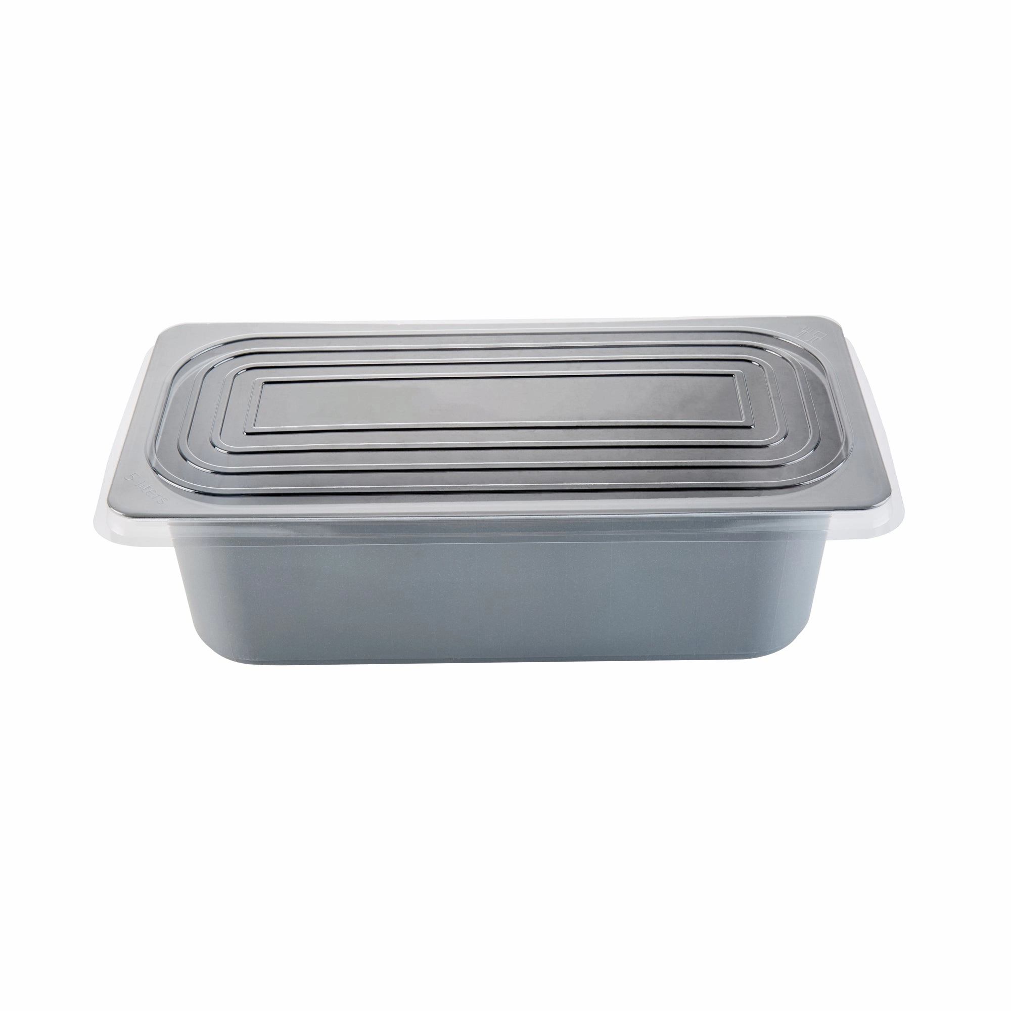 RW Base 5 Qt Rectangle Gray Plastic Ice Cream Container - with Clear Lid - 13 1/2" x 6 1/2" x 4 3/4" - 25 count box