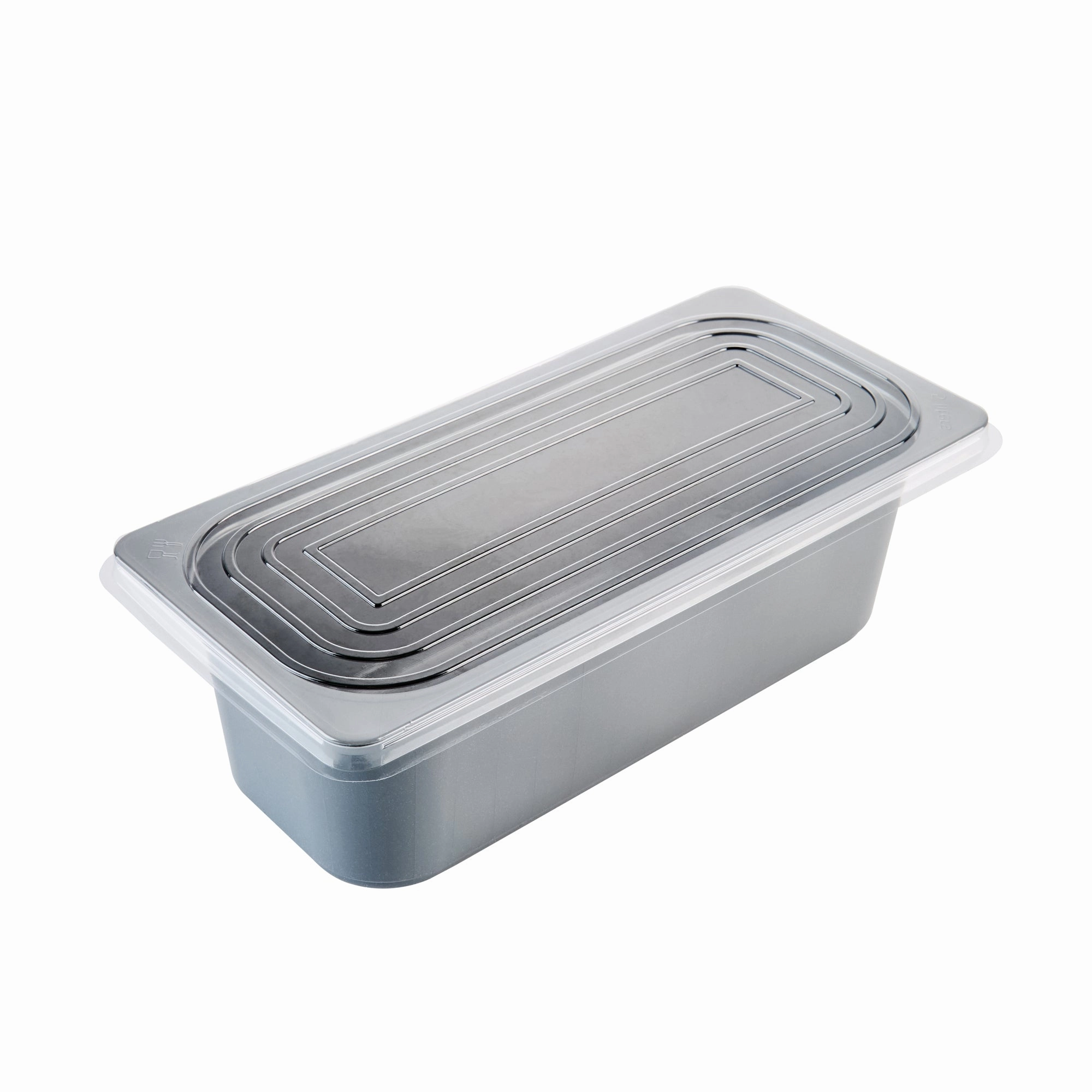 RW Base 5 Qt Rectangle Gray Plastic Ice Cream Container - with Clear Lid - 13 1/2" x 6 1/2" x 4 3/4" - 25 count box
