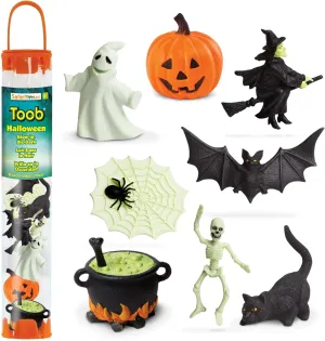 Safari Ltd. Glow-in-the-Dark Halloween Toob - Mini Figures: Bat, Cat, Skeleton, Ghost, Witch, Cauldron, Spider, Pumpkin - Educational Toy Figures For Boys, Girls & Kids Ages 3 