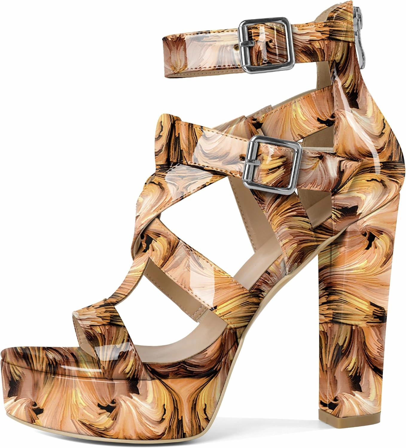 SAMMITOP Women's Block Heels Platform Chunky High Heeled Sandals Strappy Gladiator Sexy Open Toe Ankle Strap Dressy Shoes with Back Zip Patent Leather 4.7 Inch