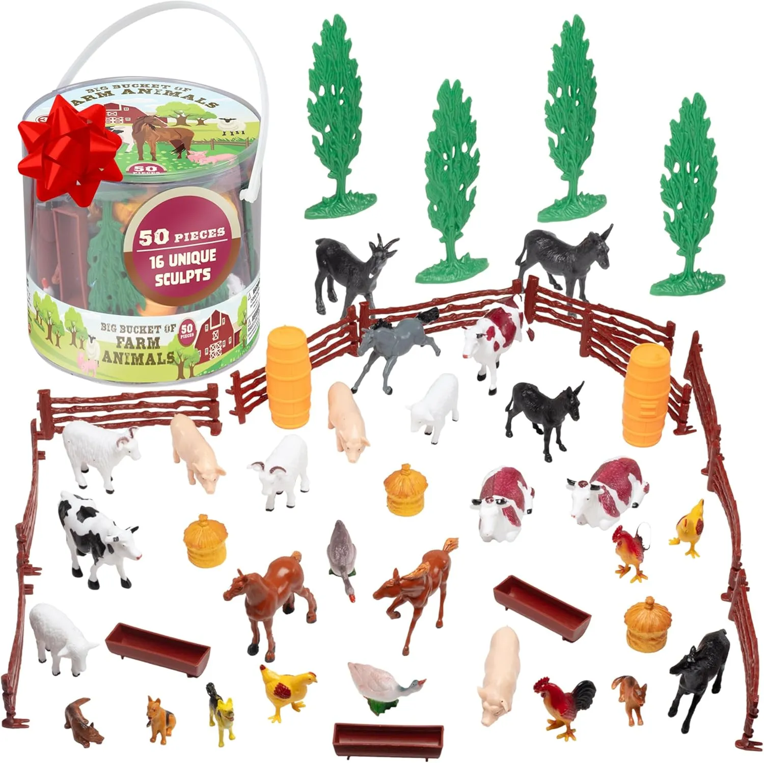 SCS Direct Farm Animal Toy Action Figure 50pc Set - Different Barnyard Animals & Accessories Including Cows, Horses, Chickens, Sheep & More - Great for Bath Toys, Pretend Play, Birthday Gifts for Kids