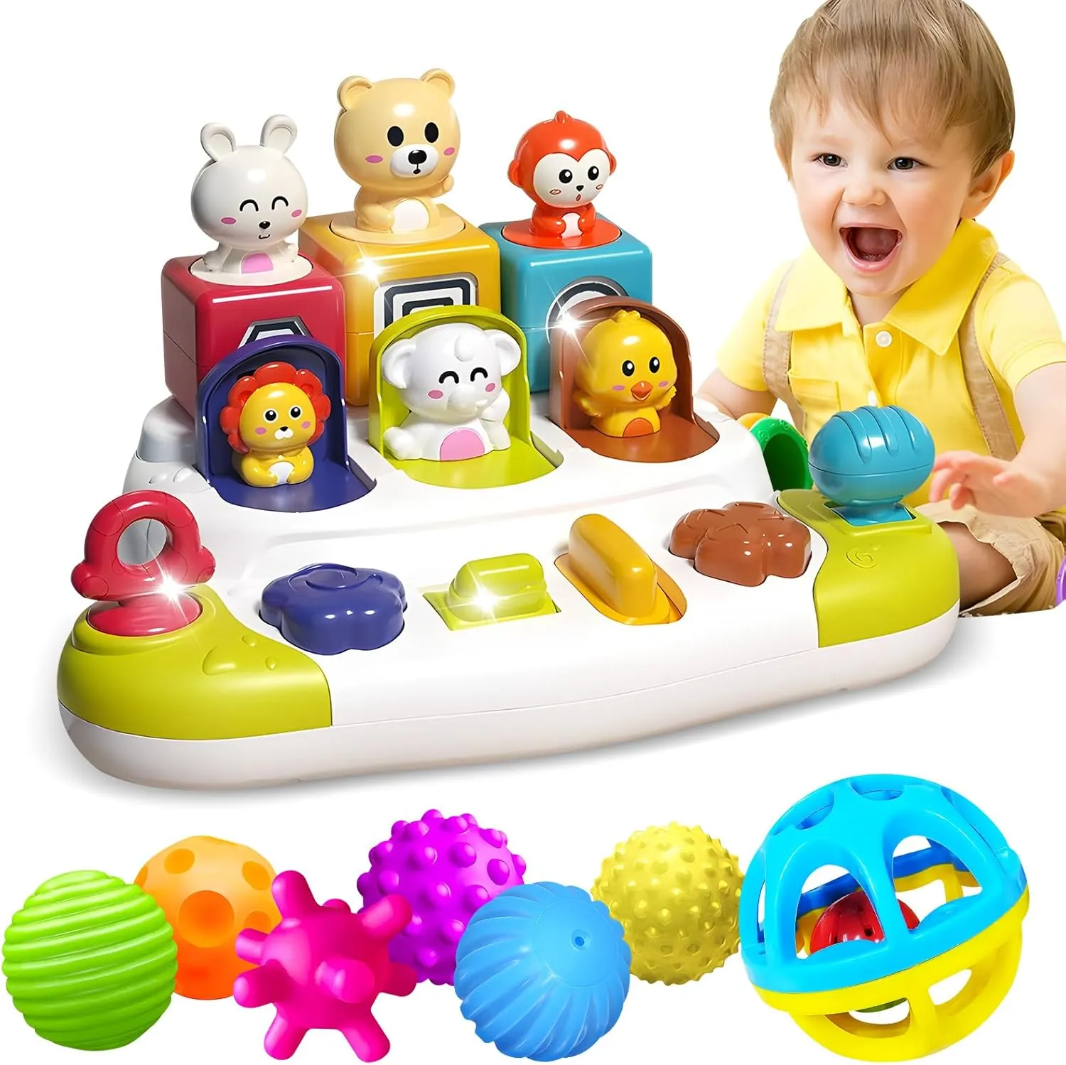 Sensory Balls for Baby & Pop Up Toy for Toddlers - Montessori Sensory Toys for 6-12 Months, Textured Baby Balls and Animal Pop Up Toy for Cause and Effect Learning, for Boys