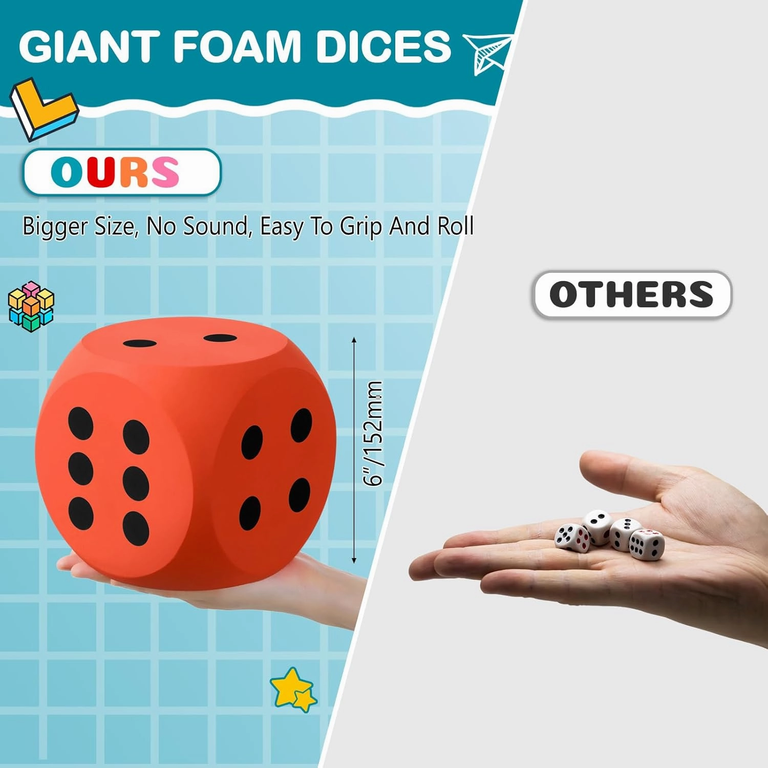 Shappy 6 Inches Foam Dice Fun Filled Large Educational Toy Kawaii Giant Dice Decorative Eva Foam Jumbo Cube Big Square Building Blocks for Game Nights Learning Sessions(Orange and Blue,2 Pcs)