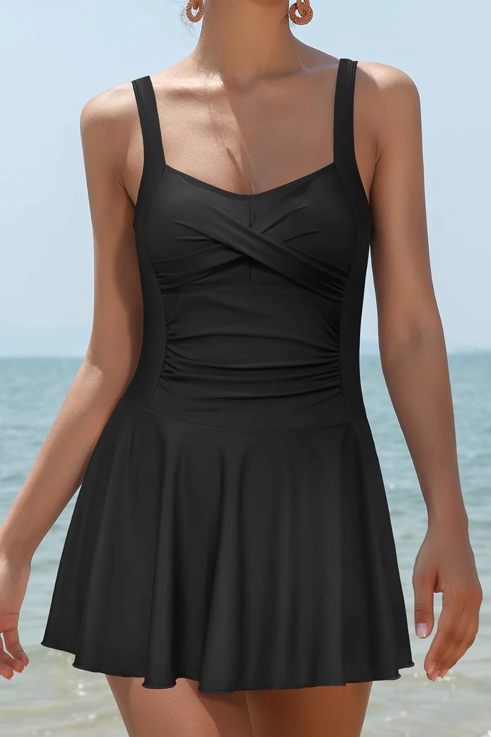 SHEKINI Women Retro One Piece Skirt Swimsuit Ruched Crossover Swimdress Bathing Suit