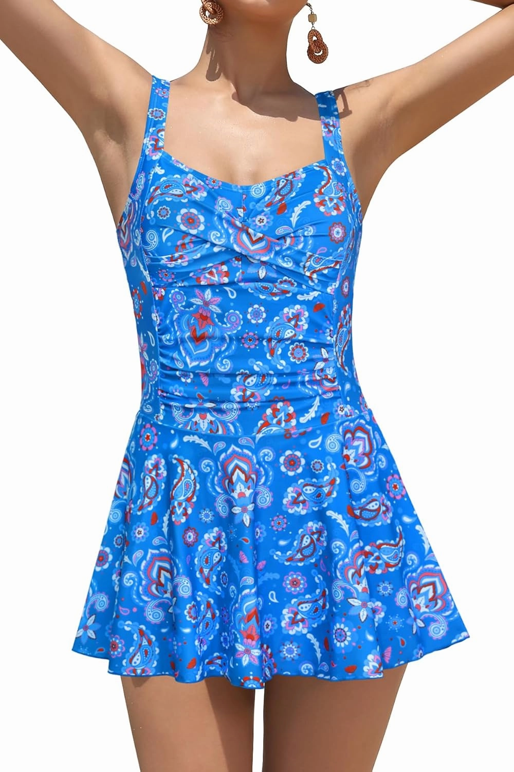 SHEKINI Women Retro One Piece Skirt Swimsuit Ruched Crossover Swimdress Bathing Suit