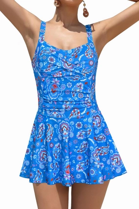 SHEKINI Women Retro One Piece Skirt Swimsuit Ruched Crossover Swimdress Bathing Suit