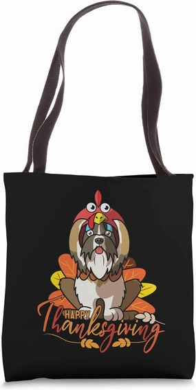 Shih Tzu Dog Greets Happy Thanksgiving Turkey Black Tote Bag