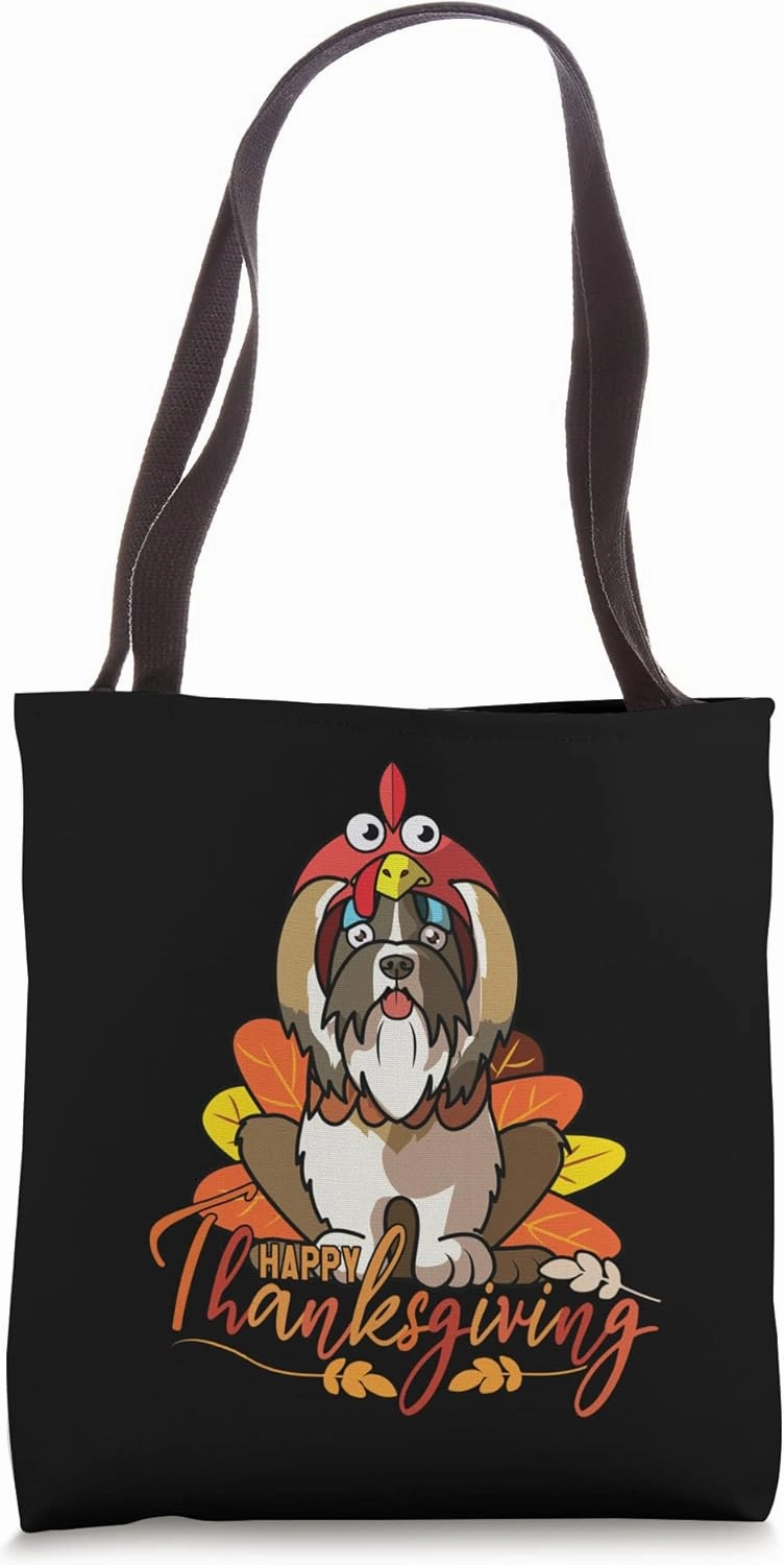 Shih Tzu Dog Greets Happy Thanksgiving Turkey Black Tote Bag