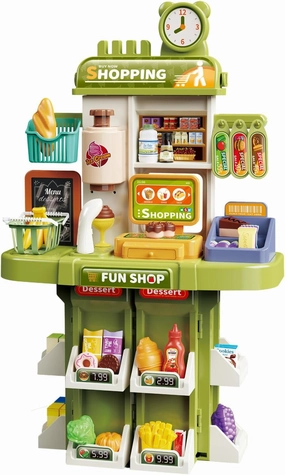 Shopping Supermarket Playset - Kids Grocery Store Pretend Play Toy for Ages 3-8 Girls Boys Unisex Children, Toy Cash Register with Scanner - Role-Playing Toys Fun (Shopping Green)