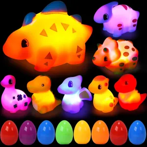 Skirfy 8Pcs Prefilled Easter Eggs with Floating Dinosaur Light-up Bath Toys, Luminous Bathtub Toys for Kids Easter Eggs Hunt, Toddler Party Favor, Basket Stuffers Filler, Classroom Prize Supplies