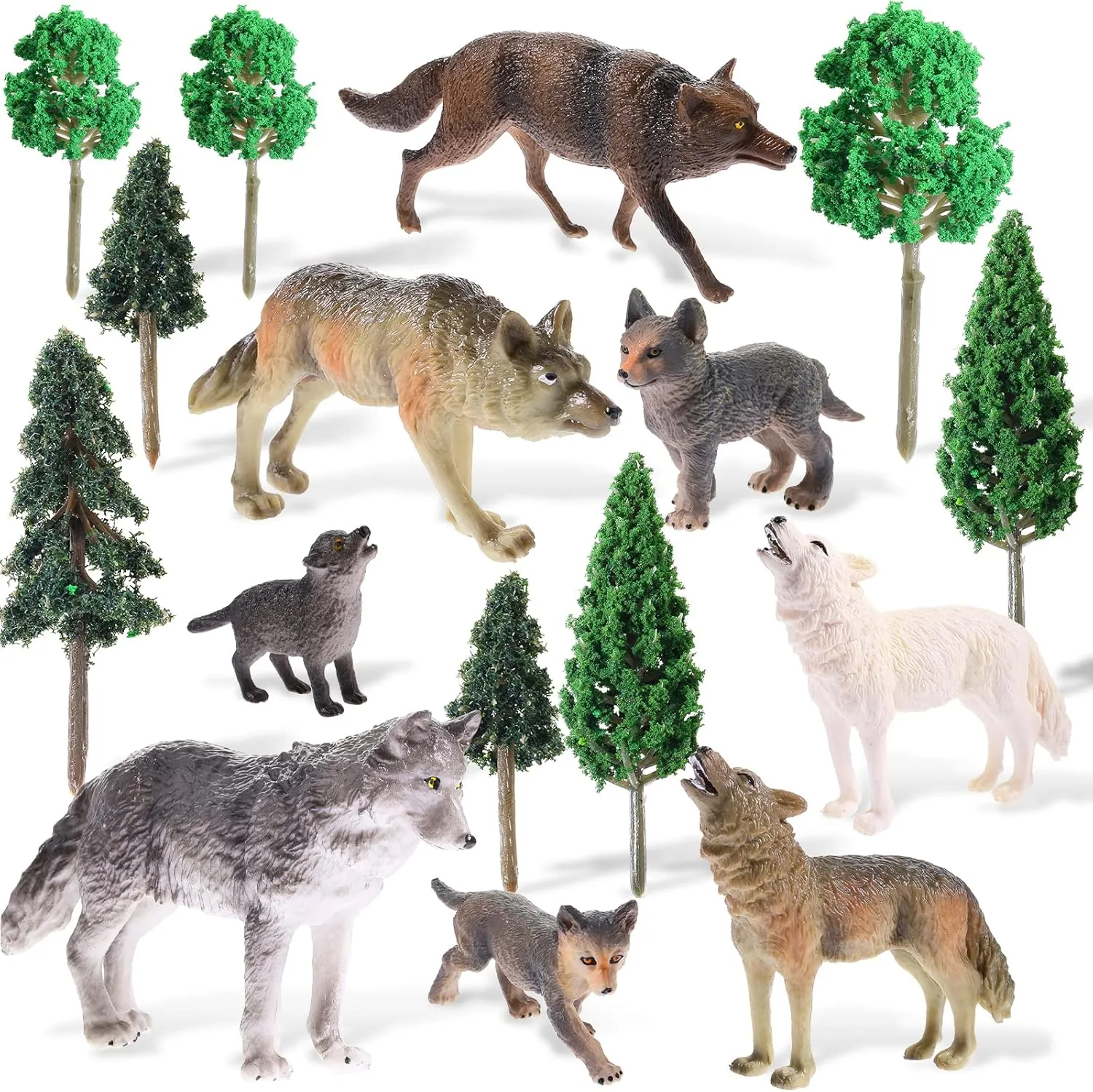 Skylety 16 Pcs Woodland Wolf Toy Figures Kit,8 Wolf Figurines and 8 Mixed Plastic Trees Forest Cake Topper for Diorama Supplies Miniature Dollhouse Accessory Train Scenery