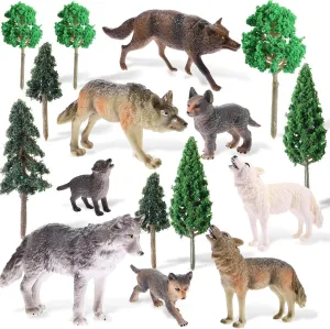 Skylety 16 Pcs Woodland Wolf Toy Figures Kit,8 Wolf Figurines and 8 Mixed Plastic Trees Forest Cake Topper for Diorama Supplies Miniature Dollhouse Accessory Train Scenery