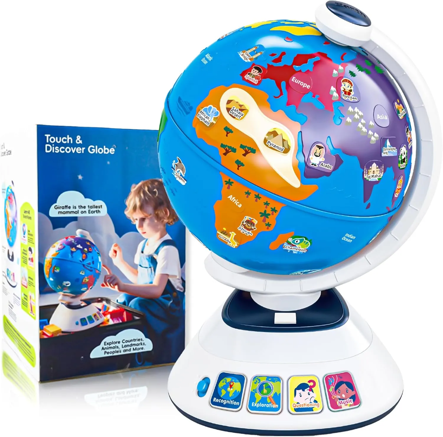 SMILESSKIDDO World Globe for Kids - Interactive Touch Globe With Dynamic Lighting And Sounds, Educational Learning Toy for Children with Geography Games and Activities, Preschool Toys for Toddler
