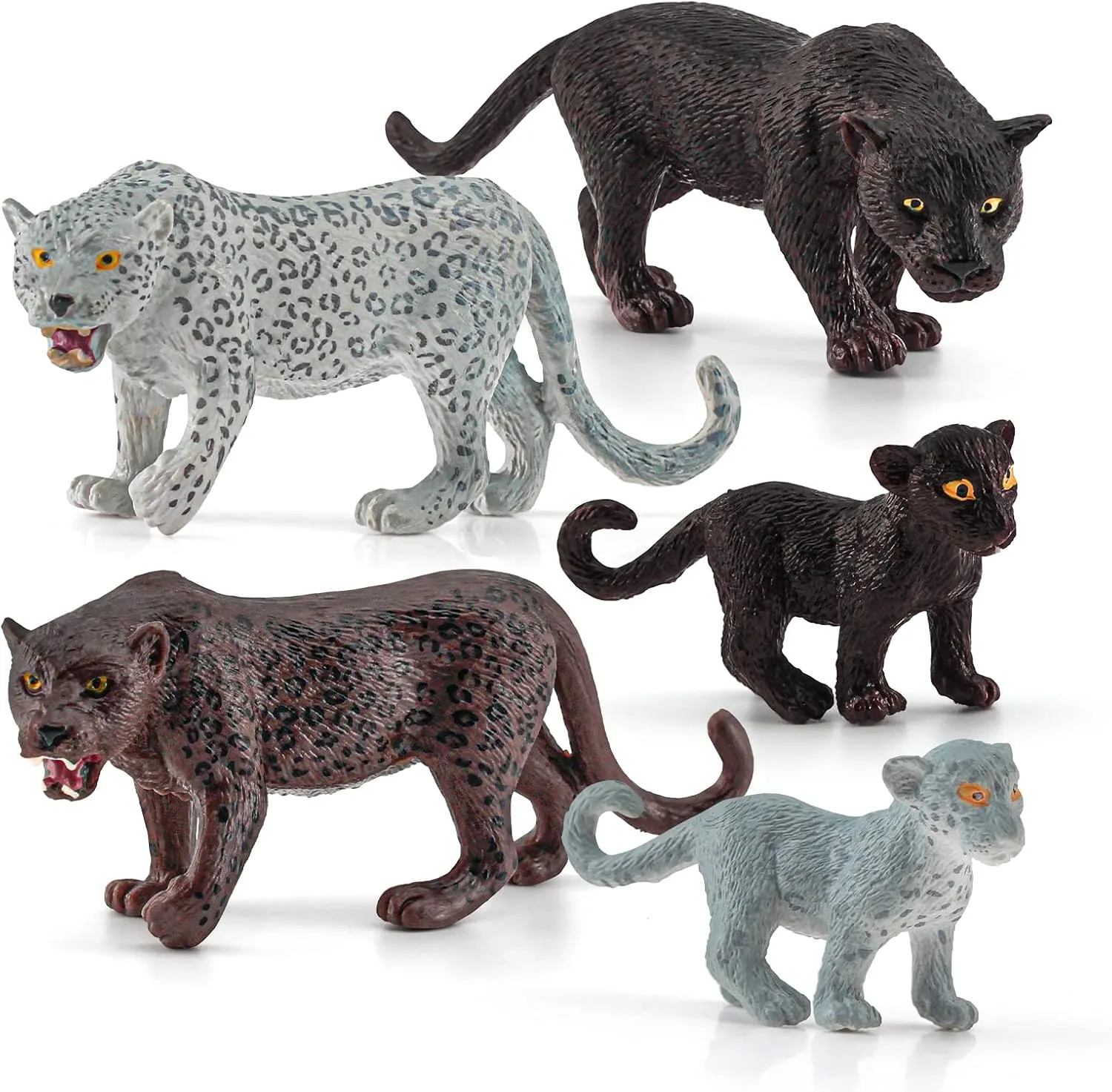 Snow Leopard Figure Black Panther Figurine 5PCS Realistic Cheetah Toys Baby Leopard Figurine Collectible for Boys and Girls Cake Toppers Christmas Birthday Gift for Kids Toddlers