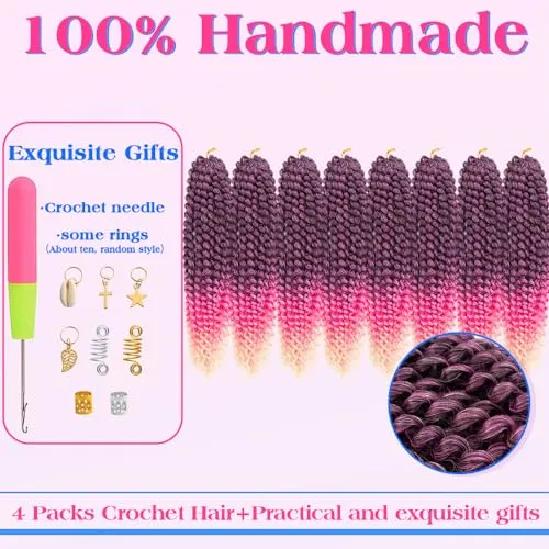 Sobeauyt Pre-Looped Passion Twist Hair 18inch Water Wave Crochet Hair For Black Women 8 Packs Spring Twist Crochet Braiding Hair Extensions (MT2/808/613# 0mbre Pink Hair)