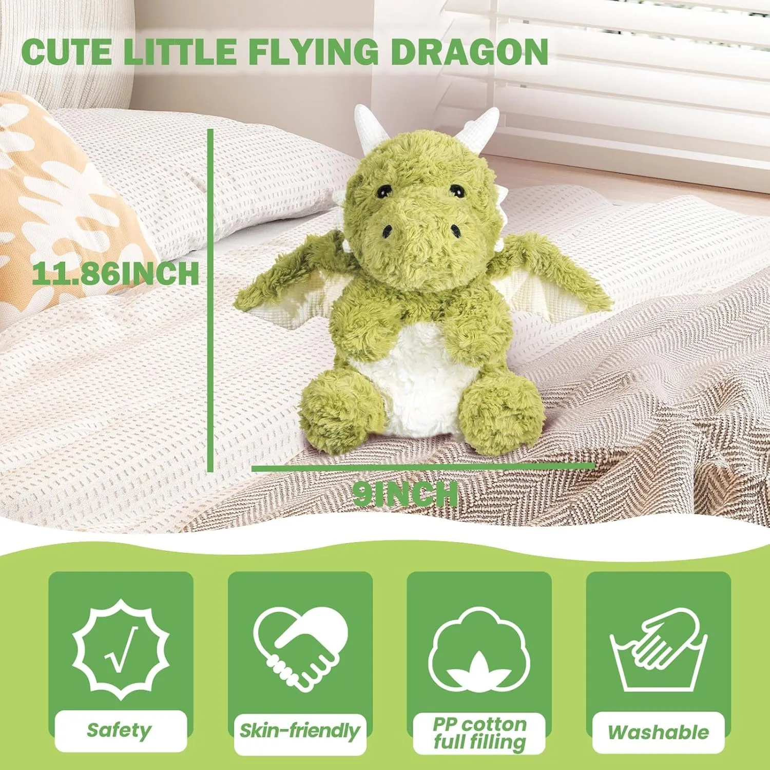 Soft Flying Dragon Plush,Cute Dinosaur Stuffed Animals Pillow,Kawai iFire Dragon Animal Plushies Toy,Great Birthday Gifts for Adults and Kids,11.86",Green