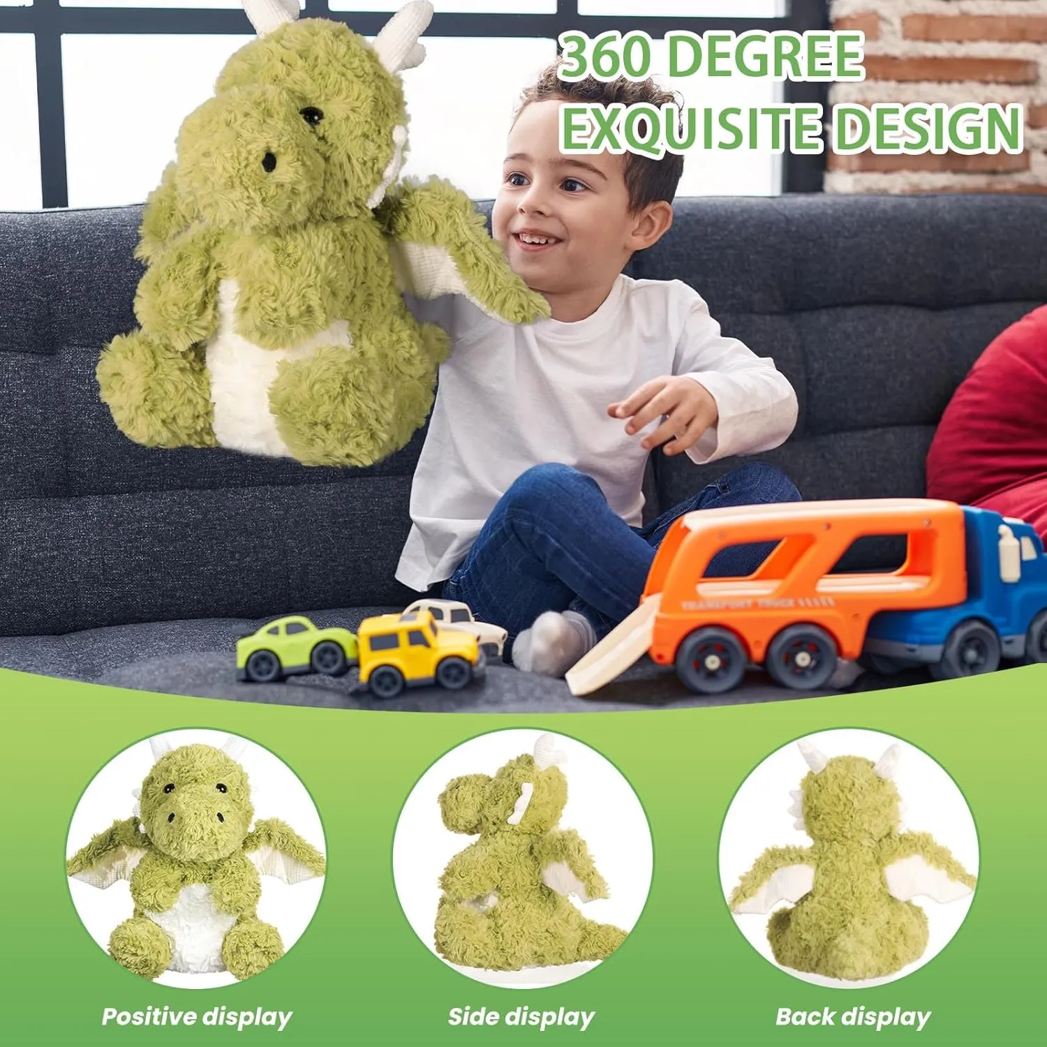 Soft Flying Dragon Plush,Cute Dinosaur Stuffed Animals Pillow,Kawai iFire Dragon Animal Plushies Toy,Great Birthday Gifts for Adults and Kids,11.86",Green