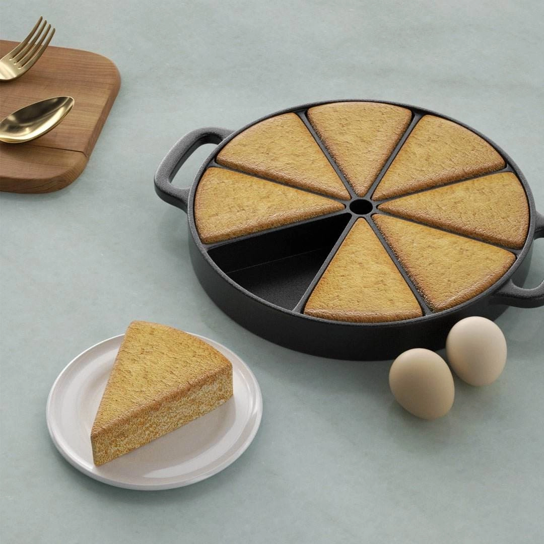 SOGA 21.5CM Round Cast Iron Baking Wedge Pan Cornbread Cake 8-Slice Baking Dish with Handle