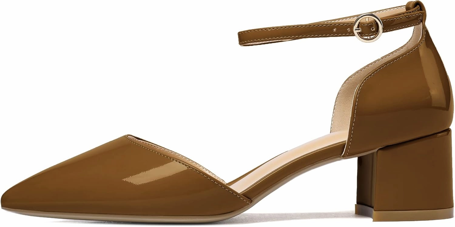 Soireelady Women's Ankle Strap Pumps D‘Orsay Mid Block Chunky Heels 2Inch Close Toe Dress Wedding Comfort Shoes
