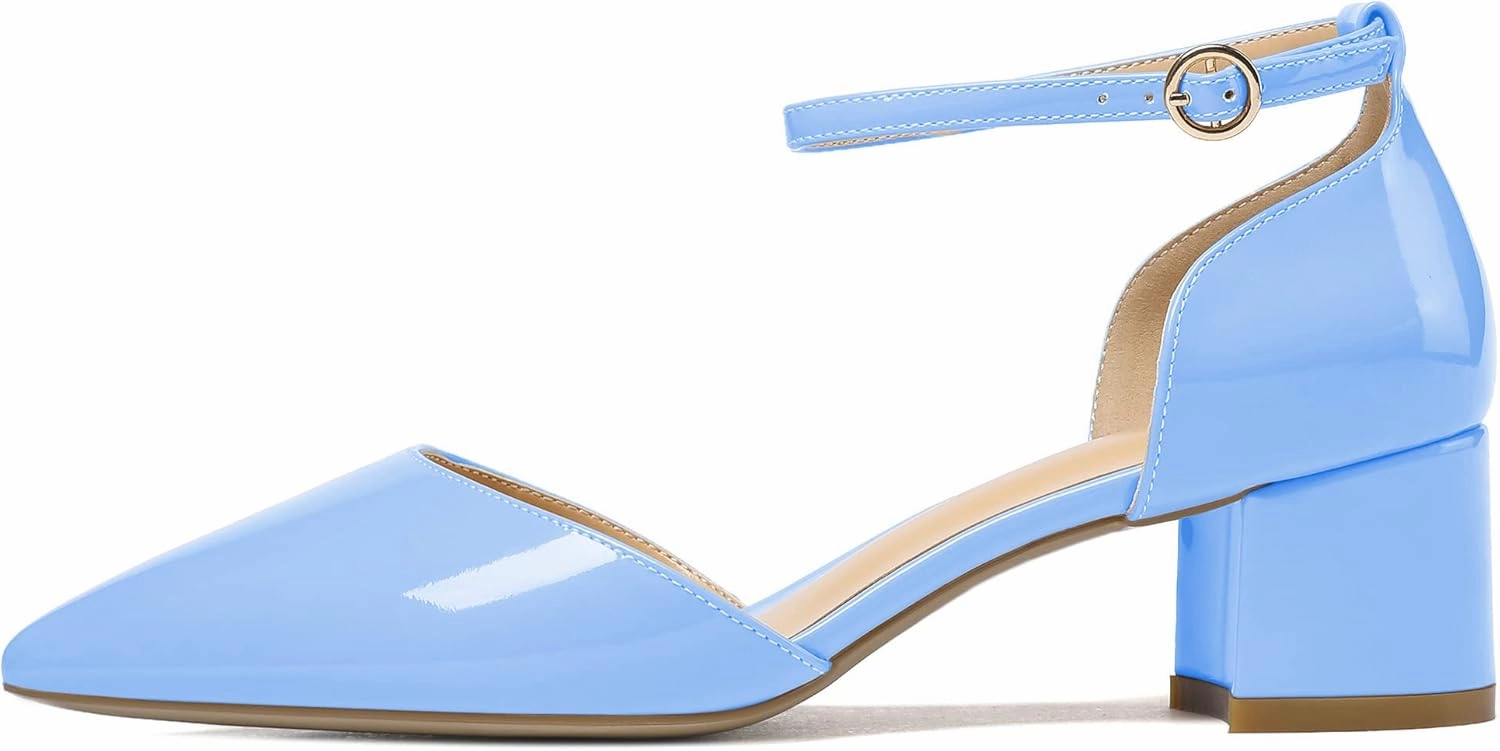 Soireelady Women's Ankle Strap Pumps D‘Orsay Mid Block Chunky Heels 2Inch Close Toe Dress Wedding Comfort Shoes