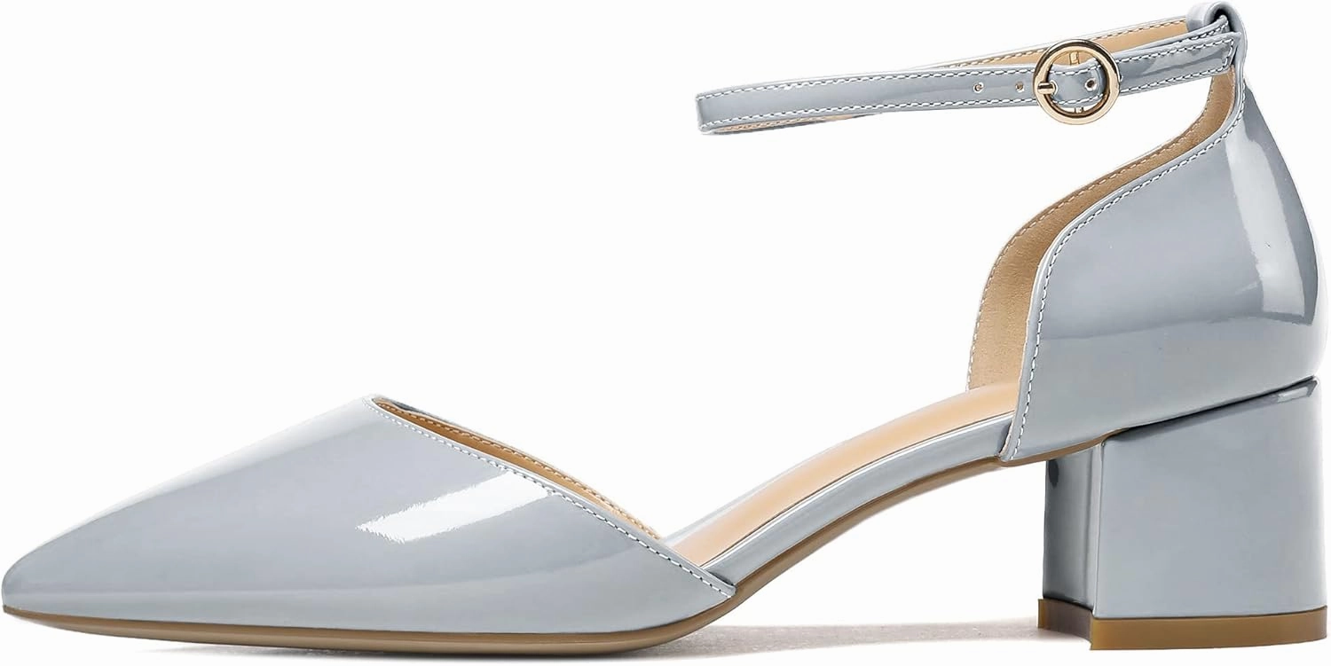 Soireelady Women's Ankle Strap Pumps D‘Orsay Mid Block Chunky Heels 2Inch Close Toe Dress Wedding Comfort Shoes