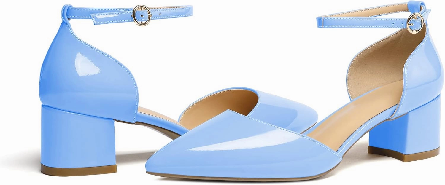Soireelady Women's Ankle Strap Pumps D‘Orsay Mid Block Chunky Heels 2Inch Close Toe Dress Wedding Comfort Shoes