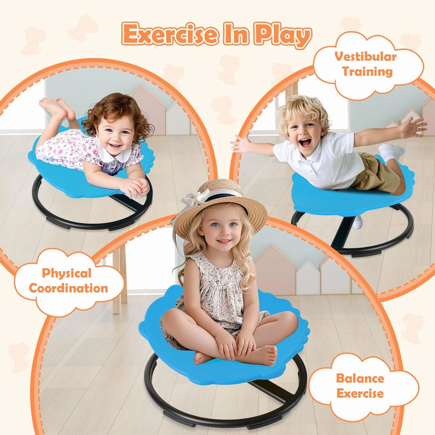 Spinning Chair for Kids, Sensory Integration Training Swivel Chair for Children with Autism & ADHD, for Balance & Body Coordination Training, Blue Dinosaur