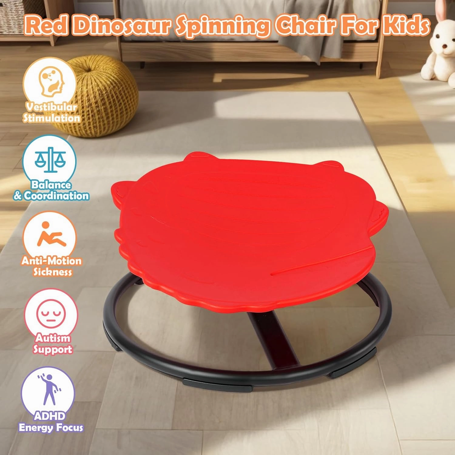 Spinning Chair for Kids, Sensory Integration Training Swivel Chair for Children with Autism & ADHD, for Balance & Body Coordination Training, Red Dinosaur