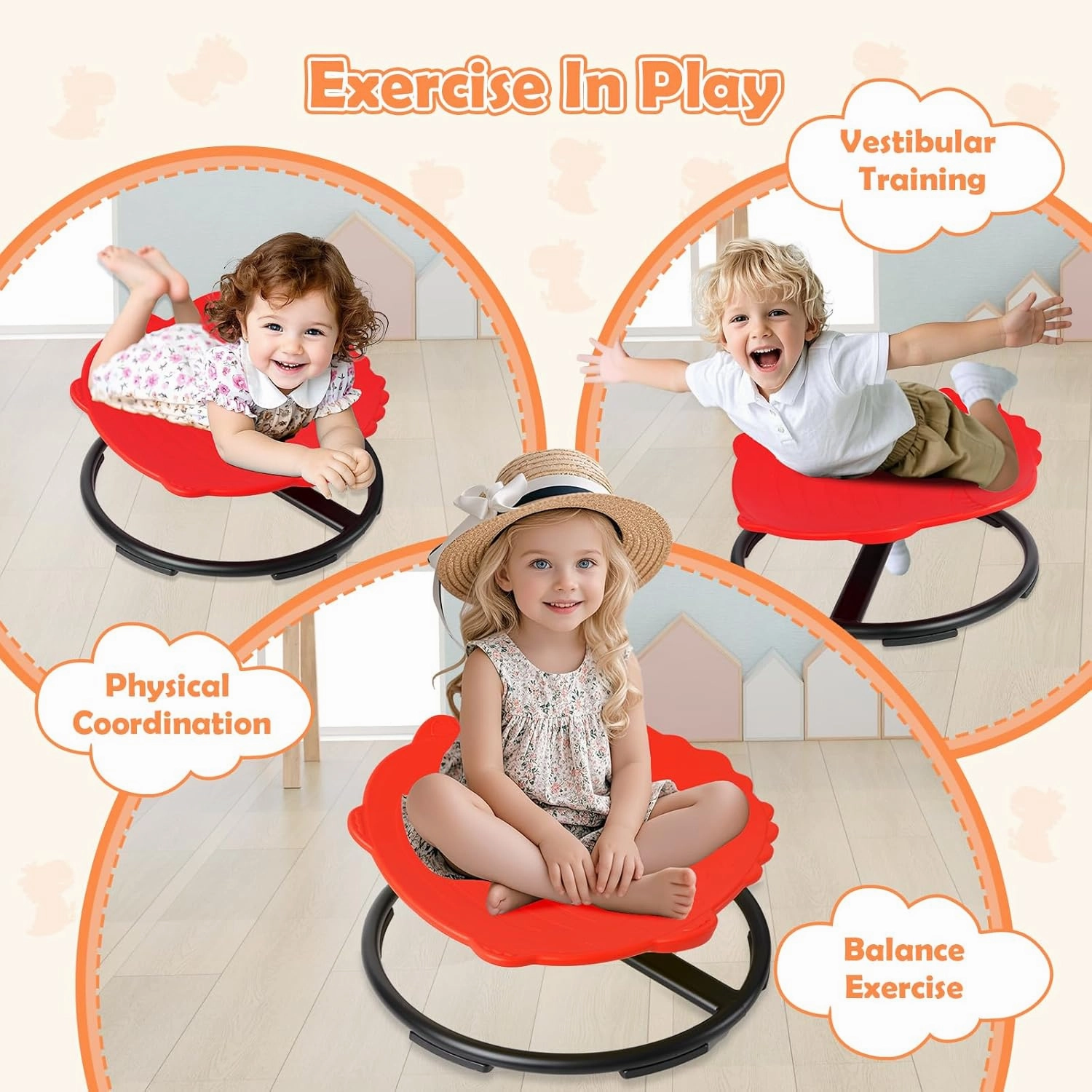 Spinning Chair for Kids, Sensory Integration Training Swivel Chair for Children with Autism & ADHD, for Balance & Body Coordination Training, Red Dinosaur