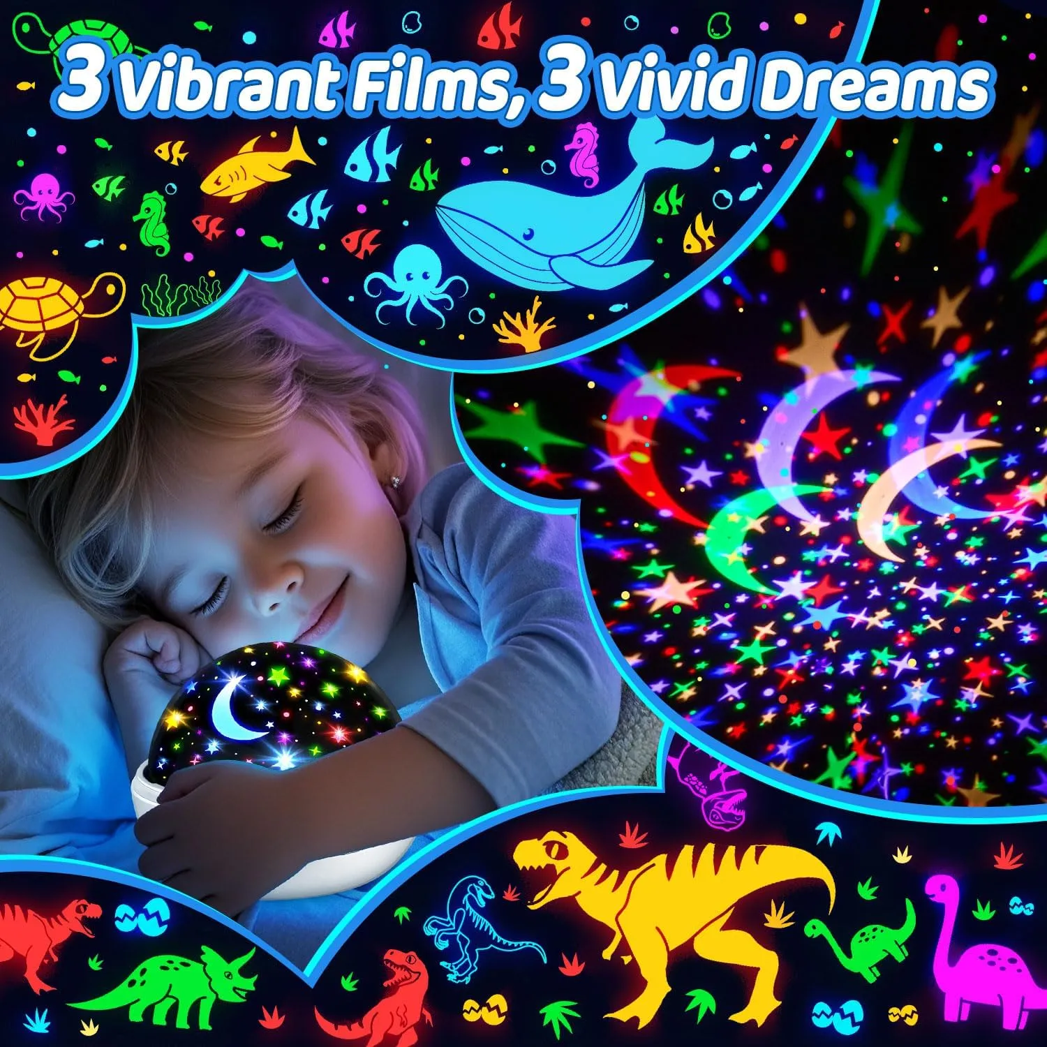 Star Projector, 3 Films(Star, Dinosaur, Ocean Animals) 93 Lighting Remote Dinosaur Night Light, 3Timer 3Brightness Baby Boy Room Decor, 360° Rotation, Kids Lamps for Bedrooms Boys