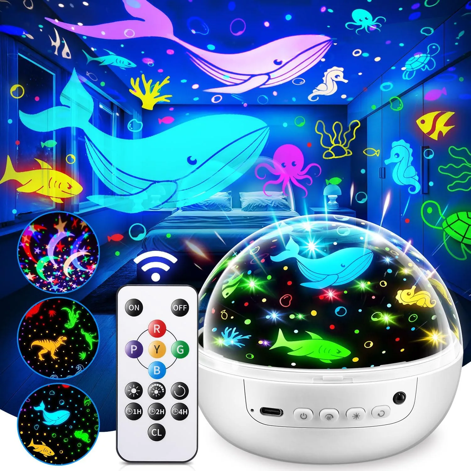 Star Projector, 3 Films(Star, Dinosaur, Ocean Animals) 93 Lighting Remote Dinosaur Night Light, 3Timer 3Brightness Baby Boy Room Decor, 360° Rotation, Kids Lamps for Bedrooms Boys