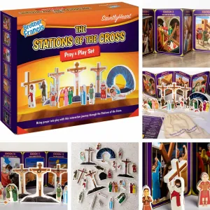 Stations of The Cross PlaySet - 26 Piece Wooden Catholic Educational Toy for Kids | Interactive Churh Activity Set for Lent and Easter | Catholic Mass Children Gifts | Brother Francis & Saintly Heart