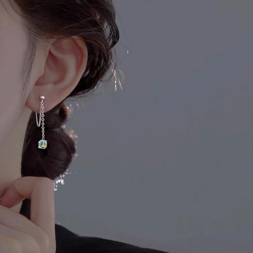 Steel Korean Fashion Chain Link 6mm Sugar Cube Charm Earrings 5cm