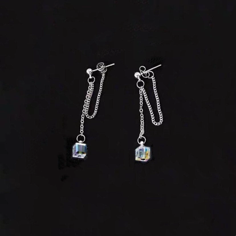 Steel Korean Fashion Chain Link 6mm Sugar Cube Charm Earrings 5cm