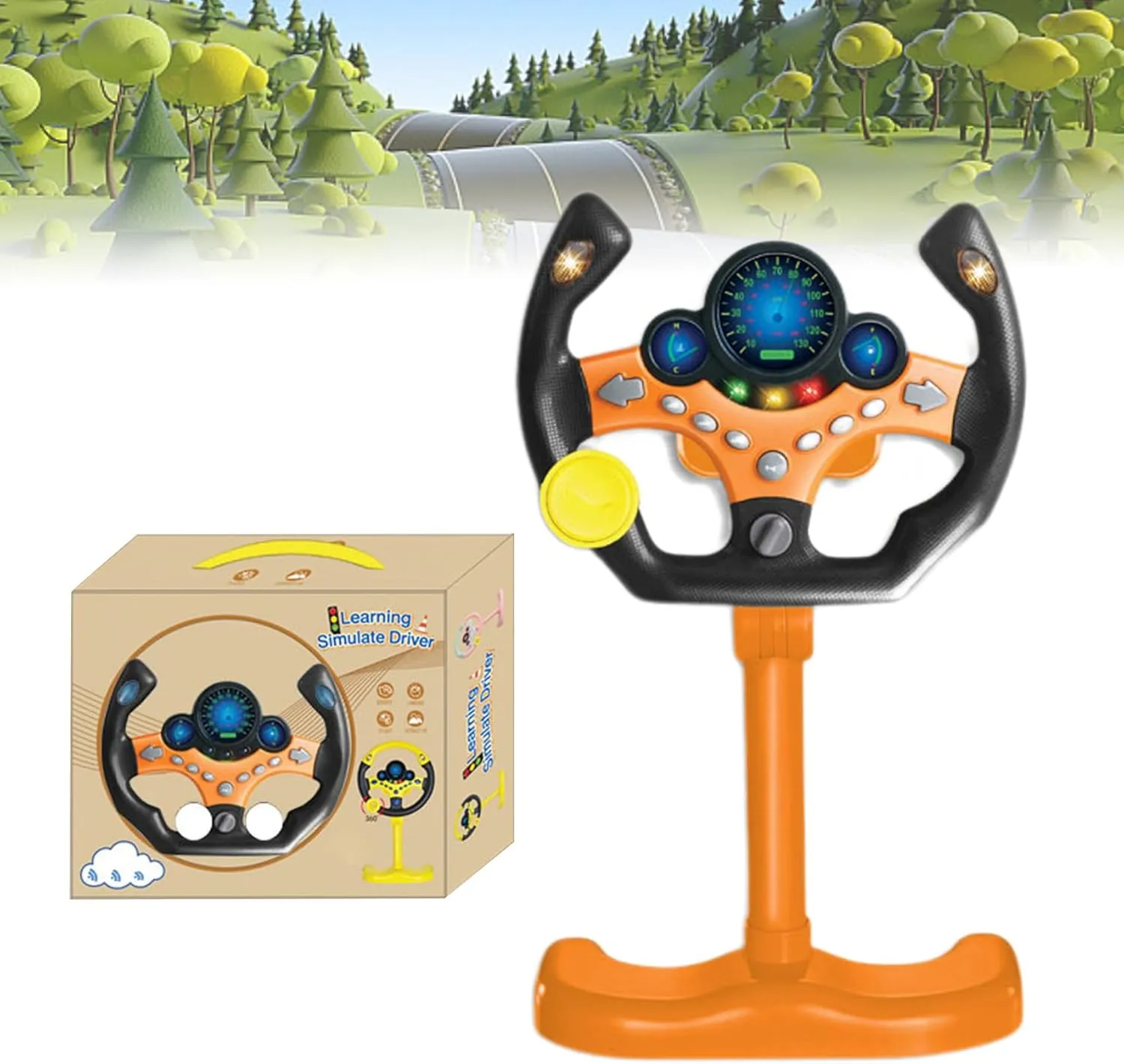 Steering Wheel Driving Toy, Simulated Steering Wheel for Kids, Electric Car Steering Wheel Toys, Simulation Copilots Simulated Toy, Educational Children Life Skills Training Gift (Orange)