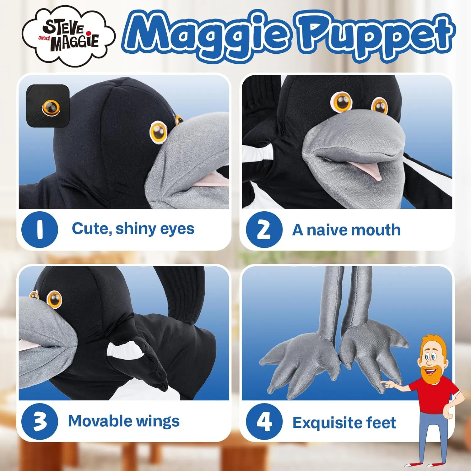 Steve and Maggie Plush Toy – Maggie Magpie Hand Puppet for Kids 1 , Soft Bird Puppet for Pretend Play, Nursery Rhymes & Learning, Interactive Toddler Toy for Bedtime Story & Social Skills (Small)