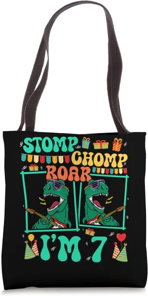 Stomp Chomp Roar I'm 7 Guitar Dinosaur Kid 7th Birthday Tote Bag