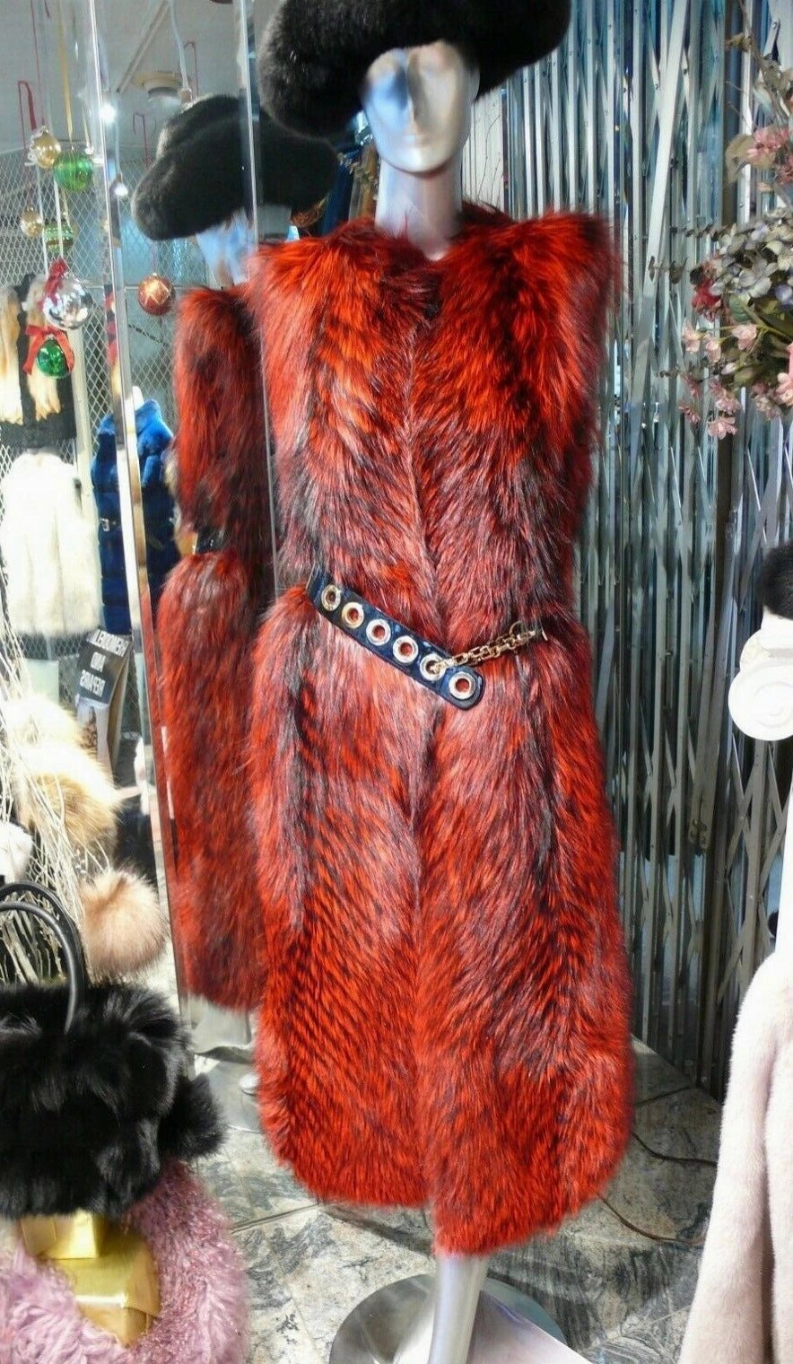 Stunning Dyed Red Fox Fur Long Vest Very Stylish and Modern
