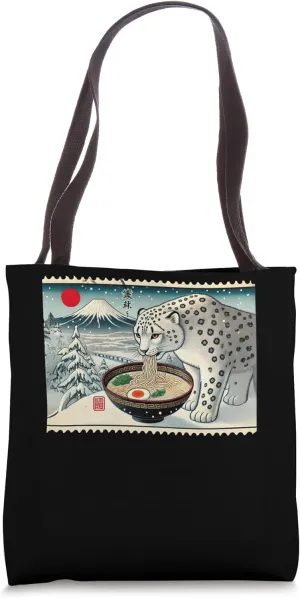 Sunset Japanese Mt. Fuji Postage Stamp Snow Leopard Ramen Tote Bag