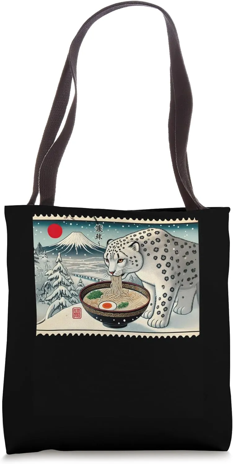 Sunset Japanese Mt. Fuji Postage Stamp Snow Leopard Ramen Tote Bag