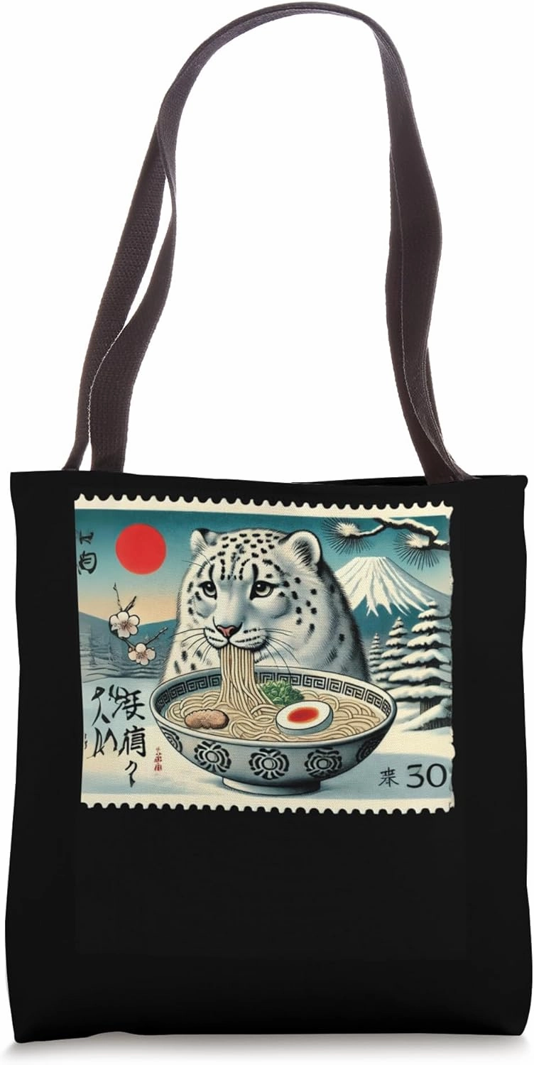 Sunset Japanese Mt. Fuji Postage Stamp Snow Leopard Ramen Tote Bag